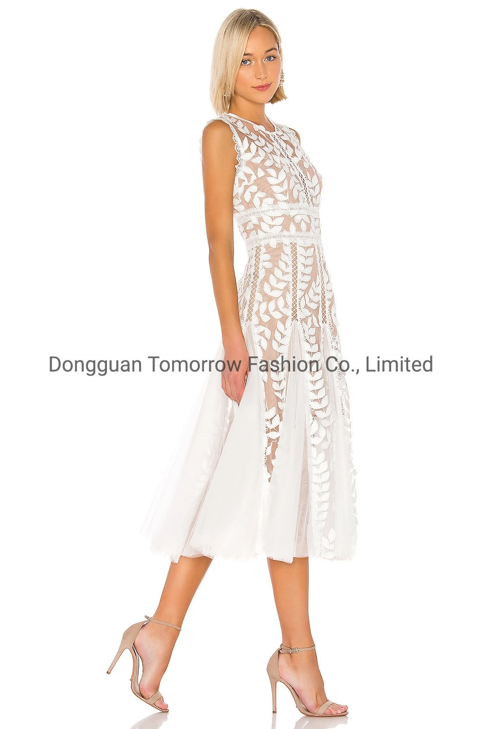 OEM Fashion Summer Custom Logo Floral Applique Latest New Design Women Lady Elegant Clothing Wholesaler White MIDI Casual Dresses with Mesh Lace Trim