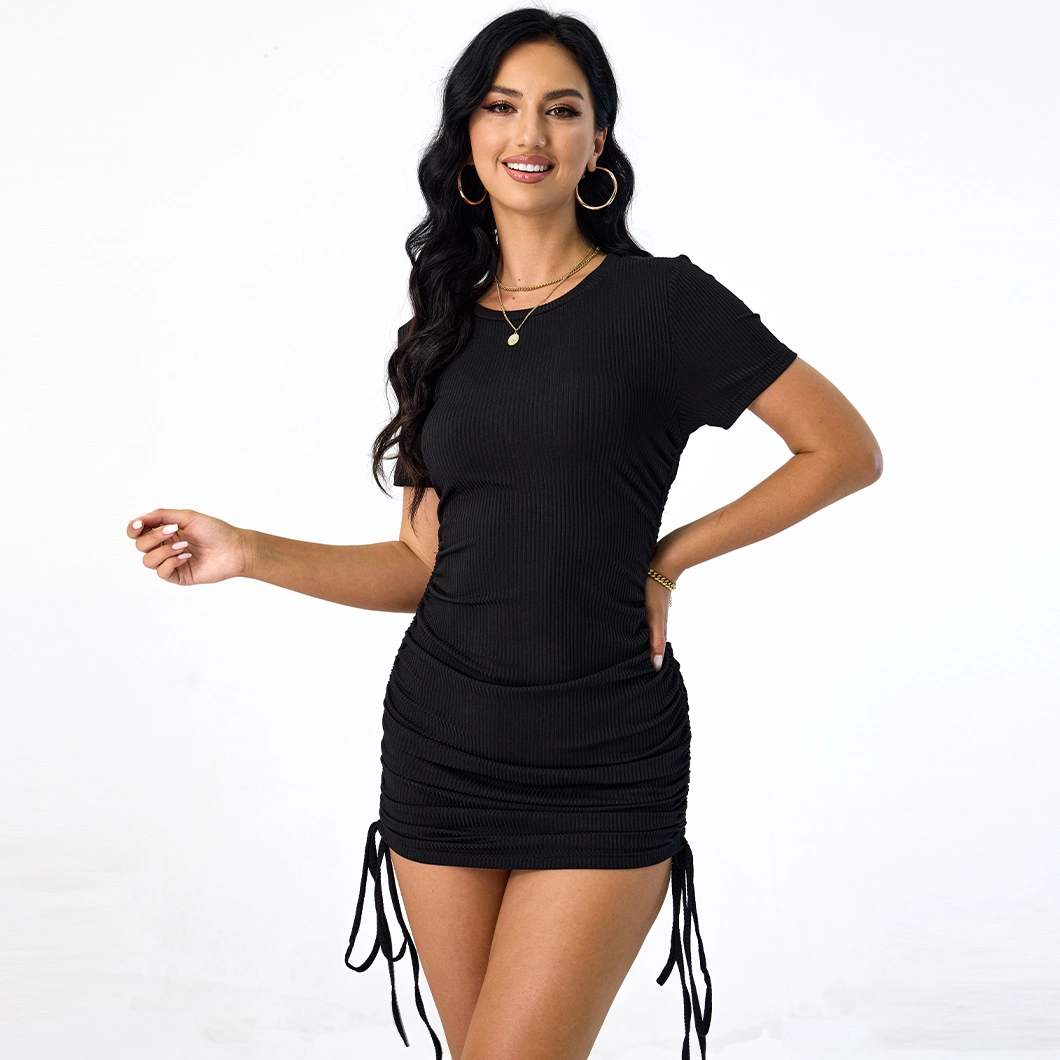 Custom Wholesale Black Ribbed Knitted Stretch Short Sleeve Long Lady Womens Summer Dresses