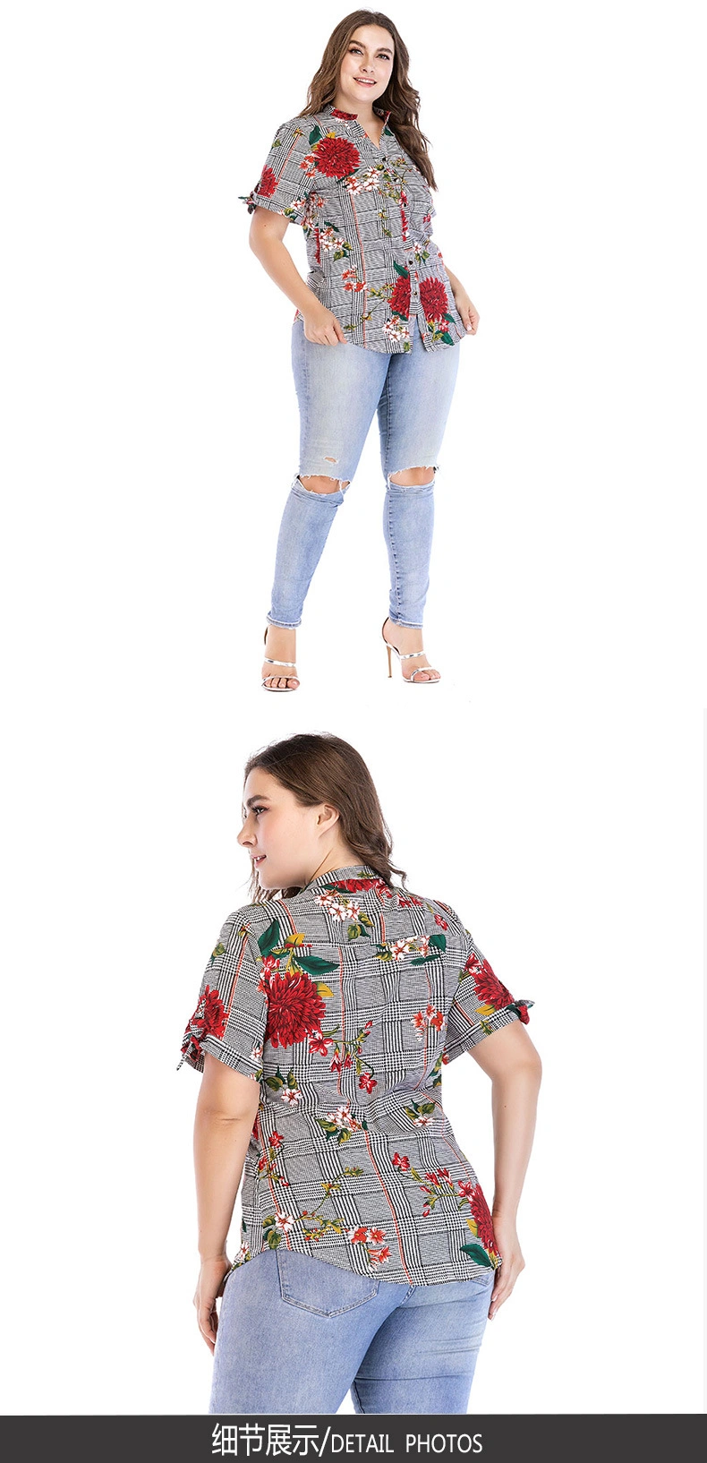 Lady Plus Size Embroidered Button Down Tops Long Sleeve Peasant Casual Loose Tunics Fall Blouse Shirts for Women