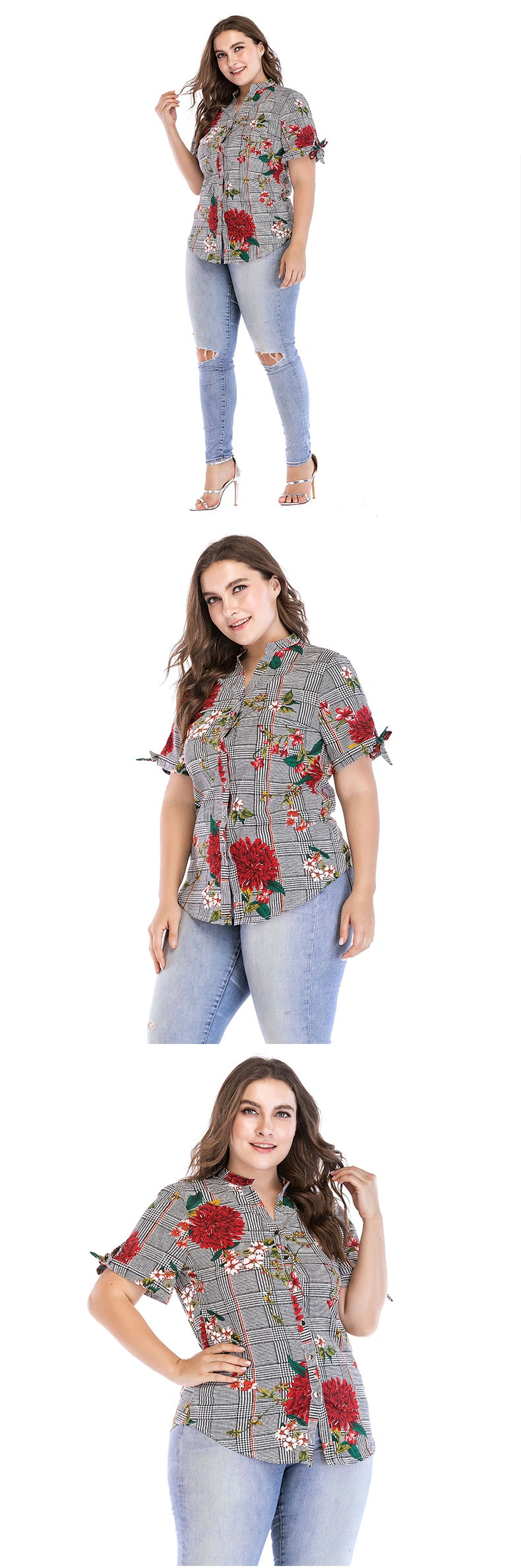 Lady Plus Size Embroidered Button Down Tops Long Sleeve Peasant Casual Loose Tunics Fall Blouse Shirts for Women