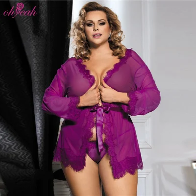 Indumenti da notte babydoll da donna trasparenti in pizzo viola sexy hot taglie forti