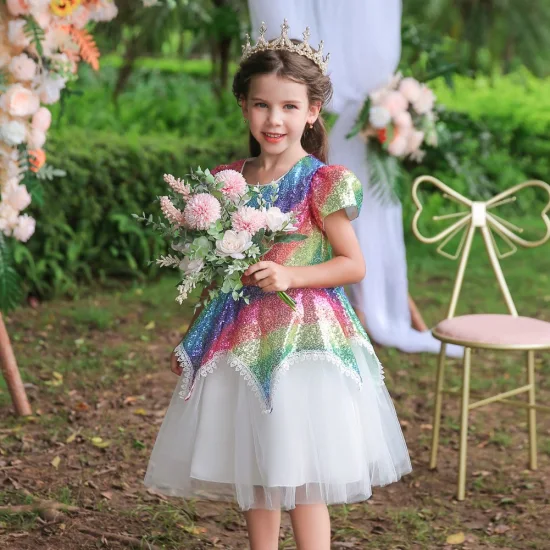 Abiti firmati per bambini, vestiti lucenti arcobaleno per bambini, abiti da festa a maniche corte per bambine